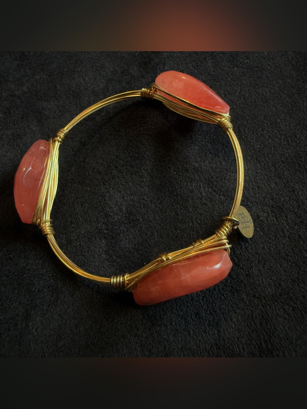 Bourbon and Bowties Signed Gold Bangle Coral Pink Stone Bracelet